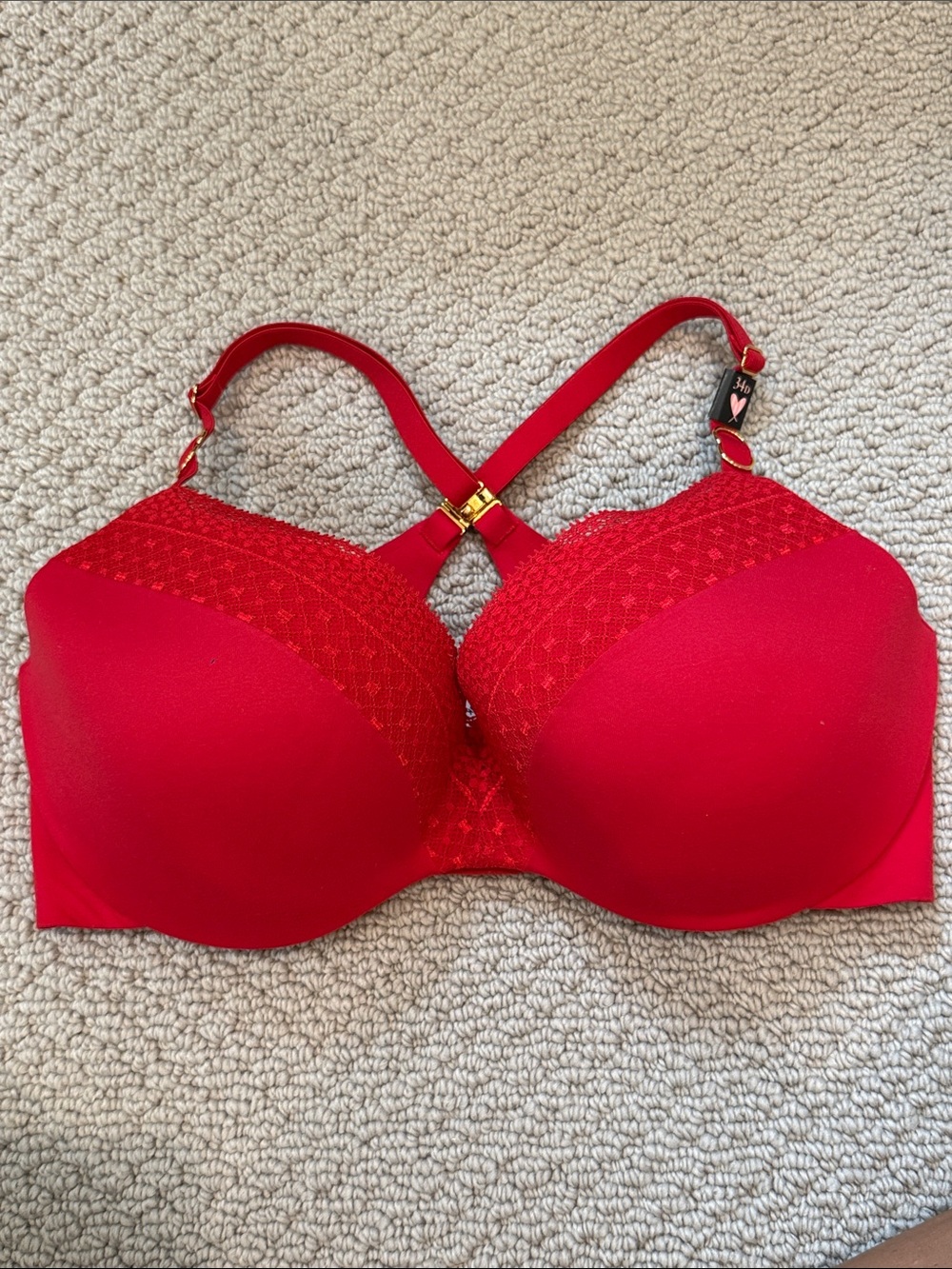 Incredible By Victorias Secret Bra 34D Red Perfect Shape Padded Underwire Lace